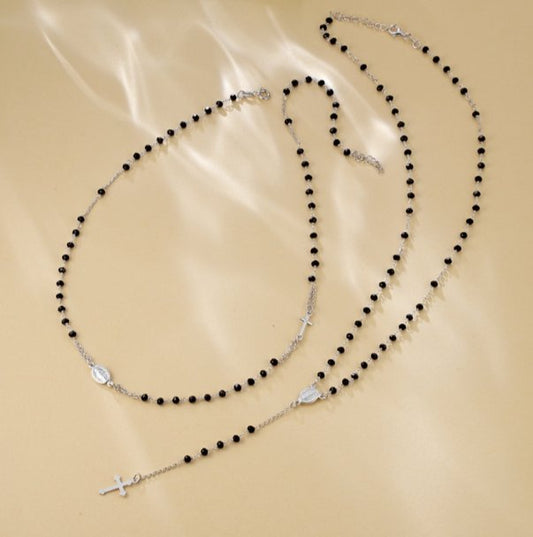 Collana rosario in argento 925% con grani neri